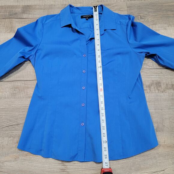Lafayette 148 Size 10 Long Sleeve Button Up Cobalt Blue Professional Pleated Top - Picture 6 of 7